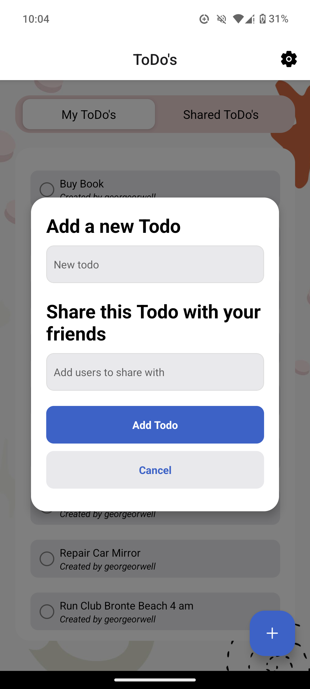 Add New Todo Modal Screen Light